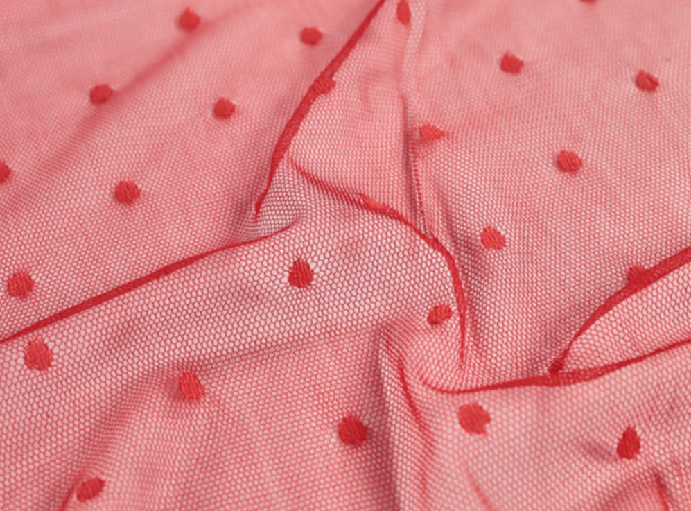 Scarlet Embroidered Dot Stretch Tulle - Red